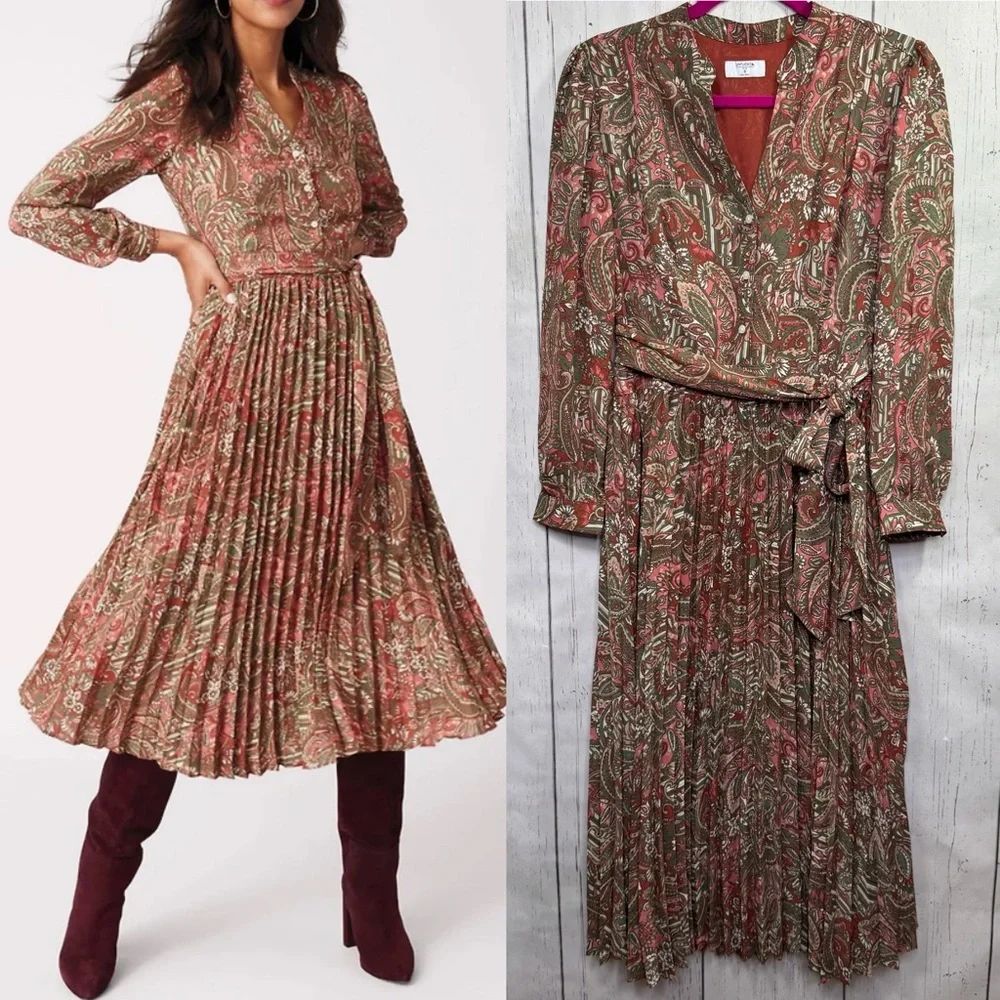 UNTUCKit Paisley Pleated Midi Dress Long Sleeve Boho Size 8 Cottagecore Romantic